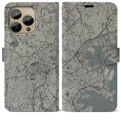 【横浜（神奈川県）】地図柄iPhoneケース（手帳タイプ）モノトーン・iPhone 14 Pro Max 用