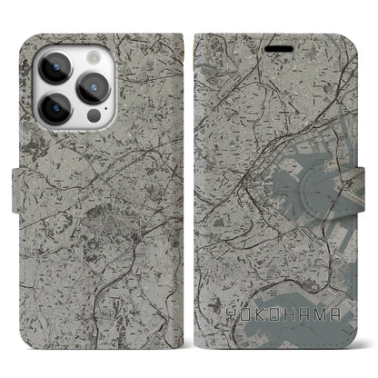 【横浜（神奈川県）】地図柄iPhoneケース（手帳タイプ）モノトーン・iPhone 14 Pro 用
