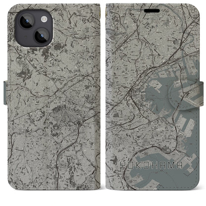 【横浜（神奈川県）】地図柄iPhoneケース（手帳タイプ）モノトーン・iPhone 14 Plus 用