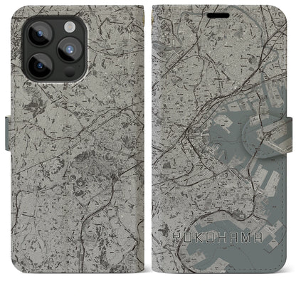 【横浜（神奈川県）】地図柄iPhoneケース（手帳タイプ）モノトーン・iPhone 15 Pro Max 用