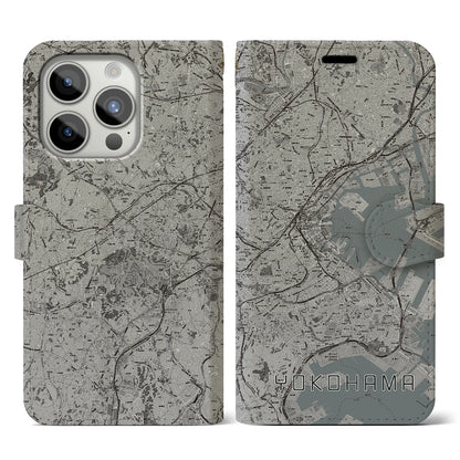 【横浜（神奈川県）】地図柄iPhoneケース（手帳タイプ）モノトーン・iPhone 15 Pro 用