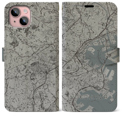 【横浜（神奈川県）】地図柄iPhoneケース（手帳タイプ）モノトーン・iPhone 15 Plus 用