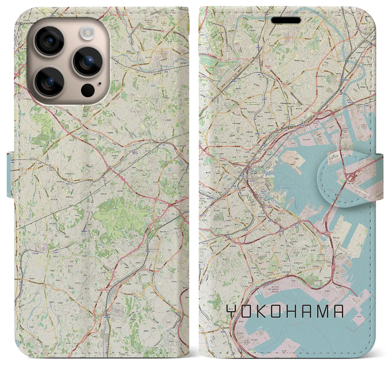 【横浜（神奈川県）】地図柄iPhoneケース（手帳タイプ）ナチュラル・iPhone 16 Plus 用