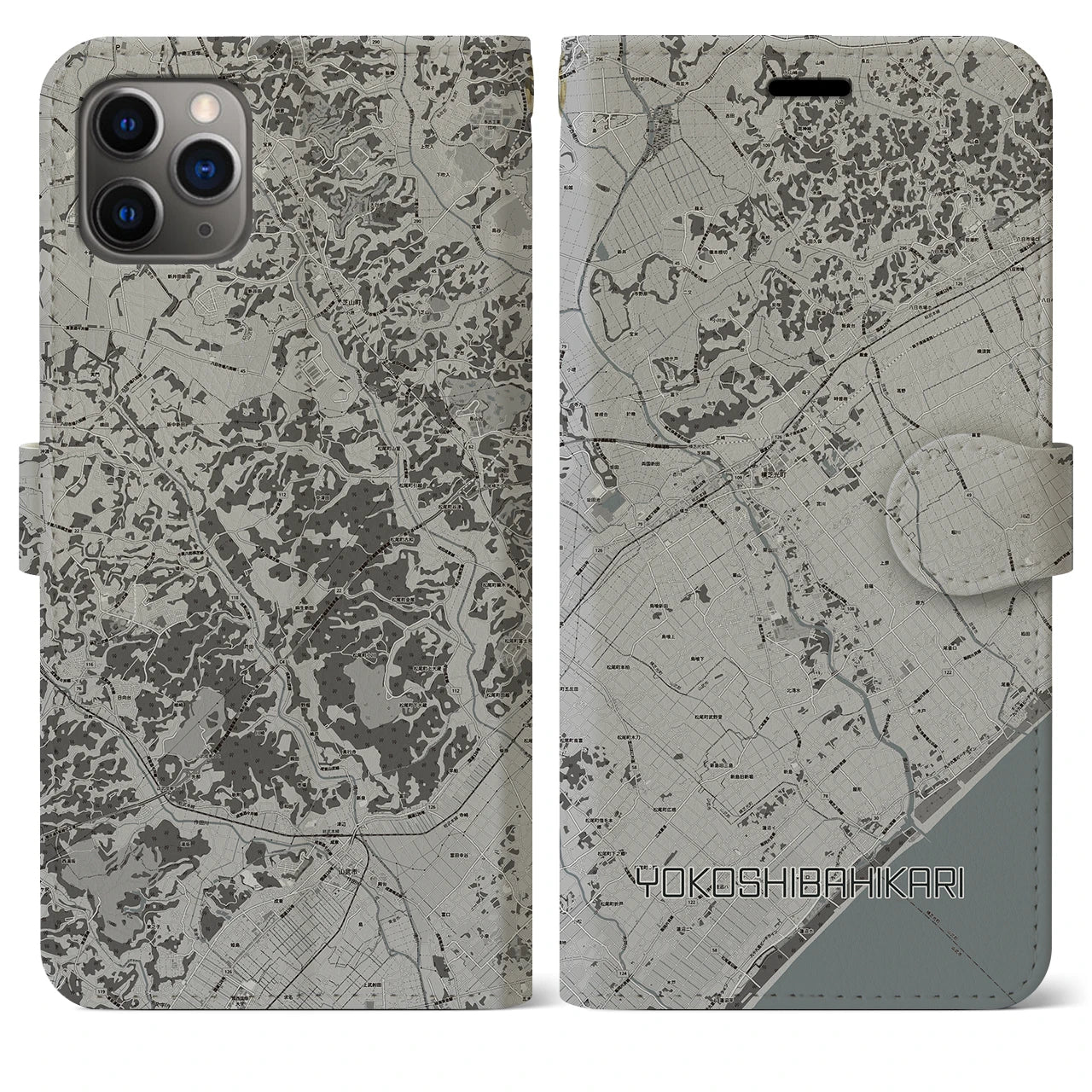 【横芝光】地図柄iPhoneケース（手帳両面タイプ・モノトーン）iPhone 11 Pro Max 用