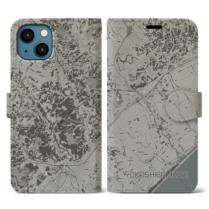 【横芝光（千葉県）】地図柄iPhoneケース（手帳タイプ）モノトーン・iPhone 13 用