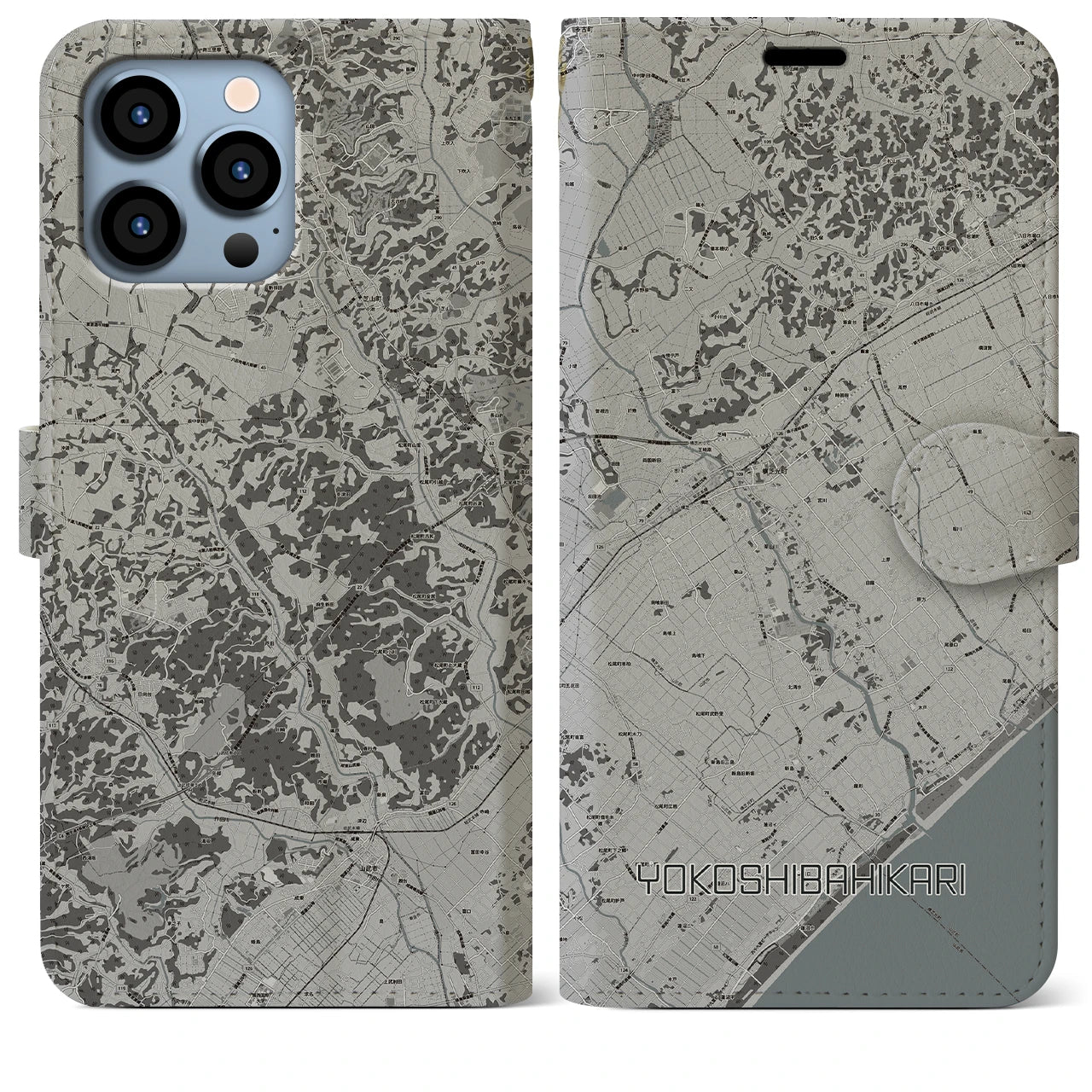 【横芝光】地図柄iPhoneケース（手帳両面タイプ・モノトーン）iPhone 13 Pro Max 用