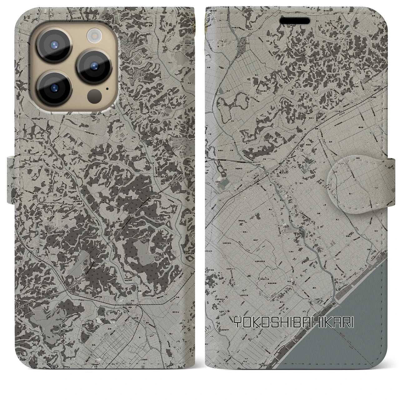 【横芝光】地図柄iPhoneケース（手帳両面タイプ・モノトーン）iPhone 14 Pro Max 用