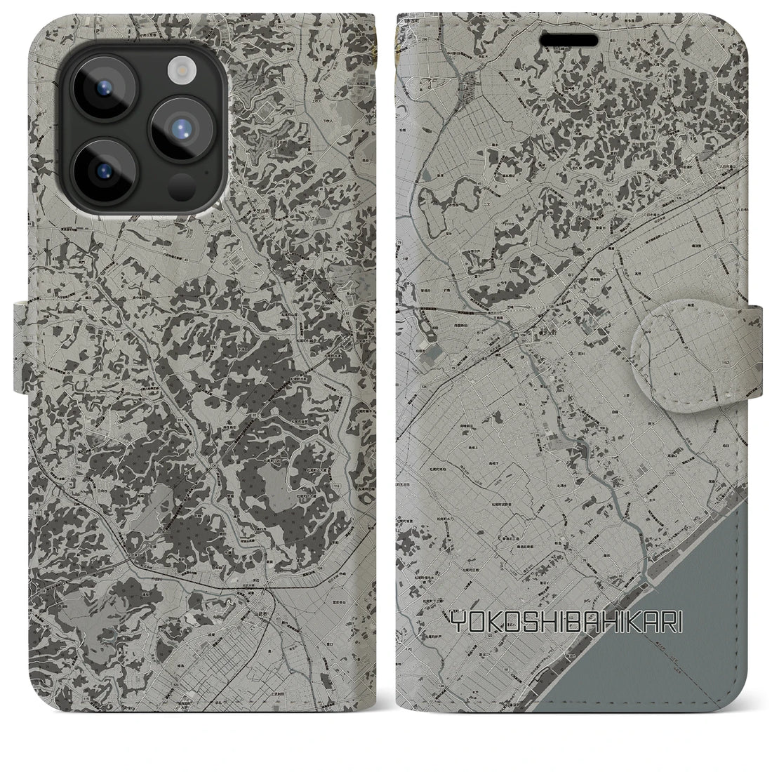 【横芝光】地図柄iPhoneケース（手帳両面タイプ・モノトーン）iPhone 15 Pro Max 用