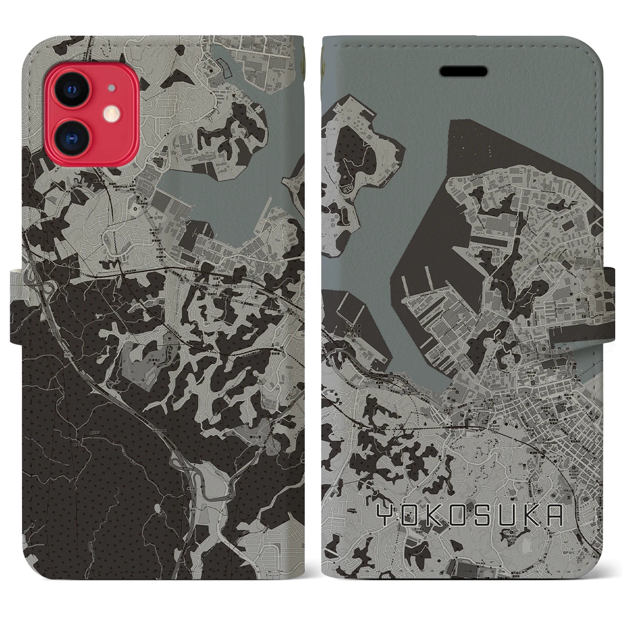 【横須賀】地図柄iPhoneケース（手帳両面タイプ・モノトーン）iPhone 11 用