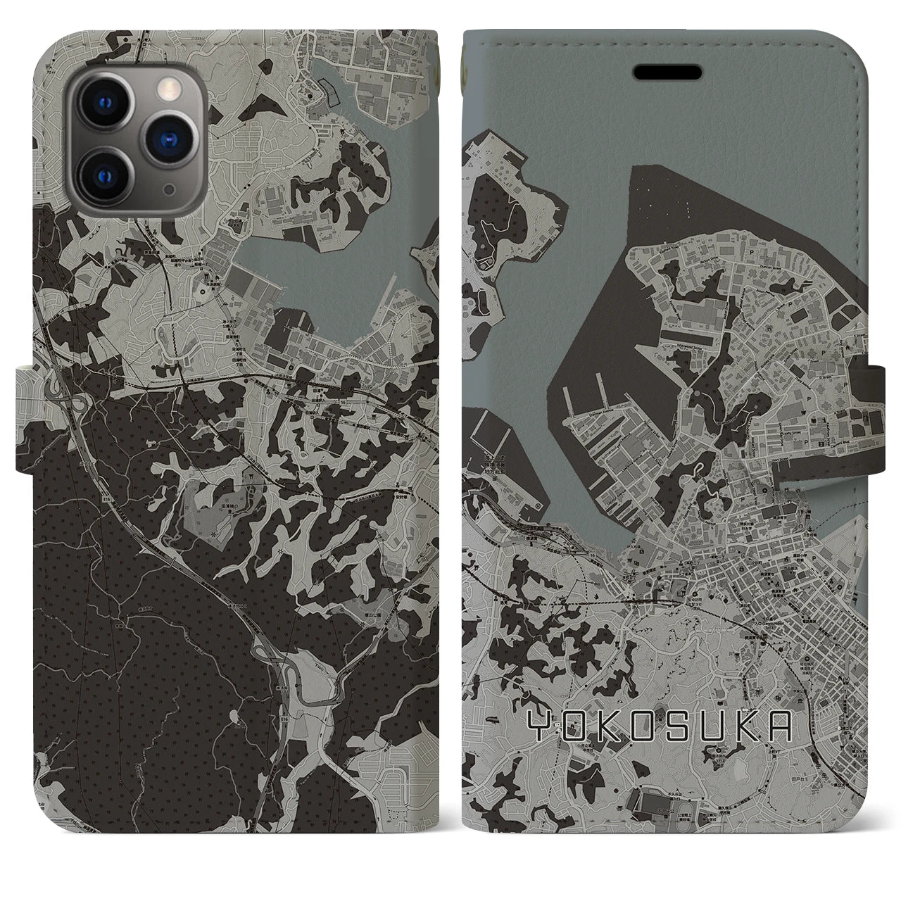 【横須賀】地図柄iPhoneケース（手帳両面タイプ・モノトーン）iPhone 11 Pro Max 用