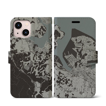 【横須賀（神奈川県）】地図柄iPhoneケース（手帳タイプ）モノトーン・iPhone 13 mini 用