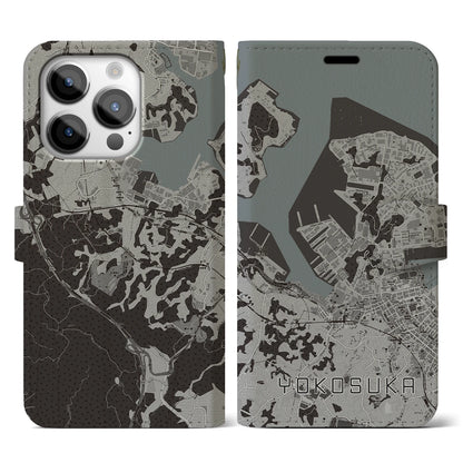 【横須賀（神奈川県）】地図柄iPhoneケース（手帳タイプ）モノトーン・iPhone 14 Pro 用