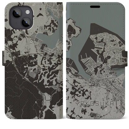 【横須賀（神奈川県）】地図柄iPhoneケース（手帳タイプ）モノトーン・iPhone 14 Plus 用