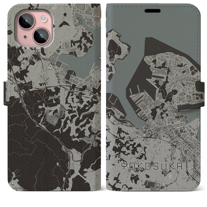 【横須賀（神奈川県）】地図柄iPhoneケース（手帳タイプ）モノトーン・iPhone 15 Plus 用