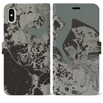 【横須賀（神奈川県）】地図柄iPhoneケース（手帳タイプ）モノトーン・iPhone XS Max 用