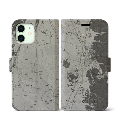 【横手（秋田県）】地図柄iPhoneケース（手帳タイプ）モノトーン・iPhone 12 mini 用