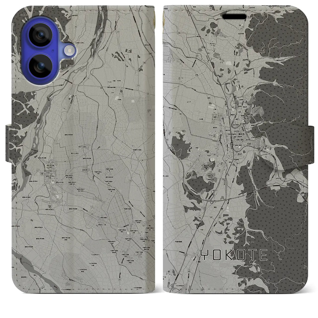 【横手(秋田県)】地図柄iPhoneケース(手帳タイプ)モノトーン・iPhone 16 Pro Max 用