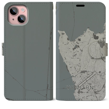 【読谷（沖縄県）】地図柄iPhoneケース（手帳タイプ）モノトーン・iPhone 15 Plus 用