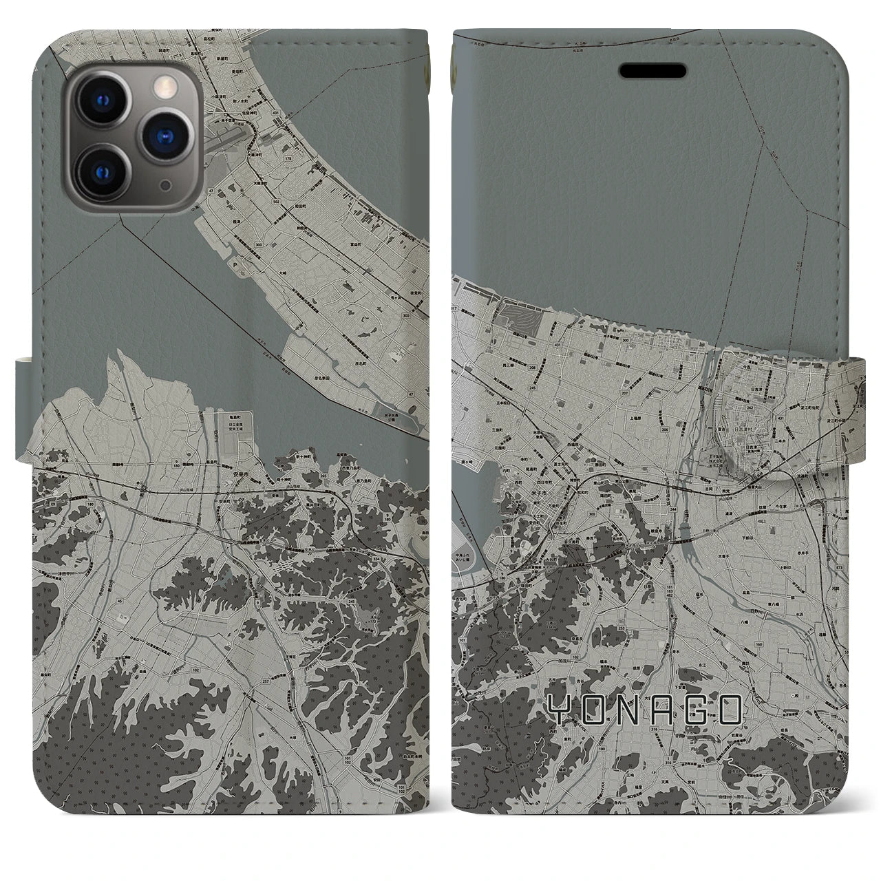 【米子】地図柄iPhoneケース（手帳両面タイプ・モノトーン）iPhone 11 Pro Max 用