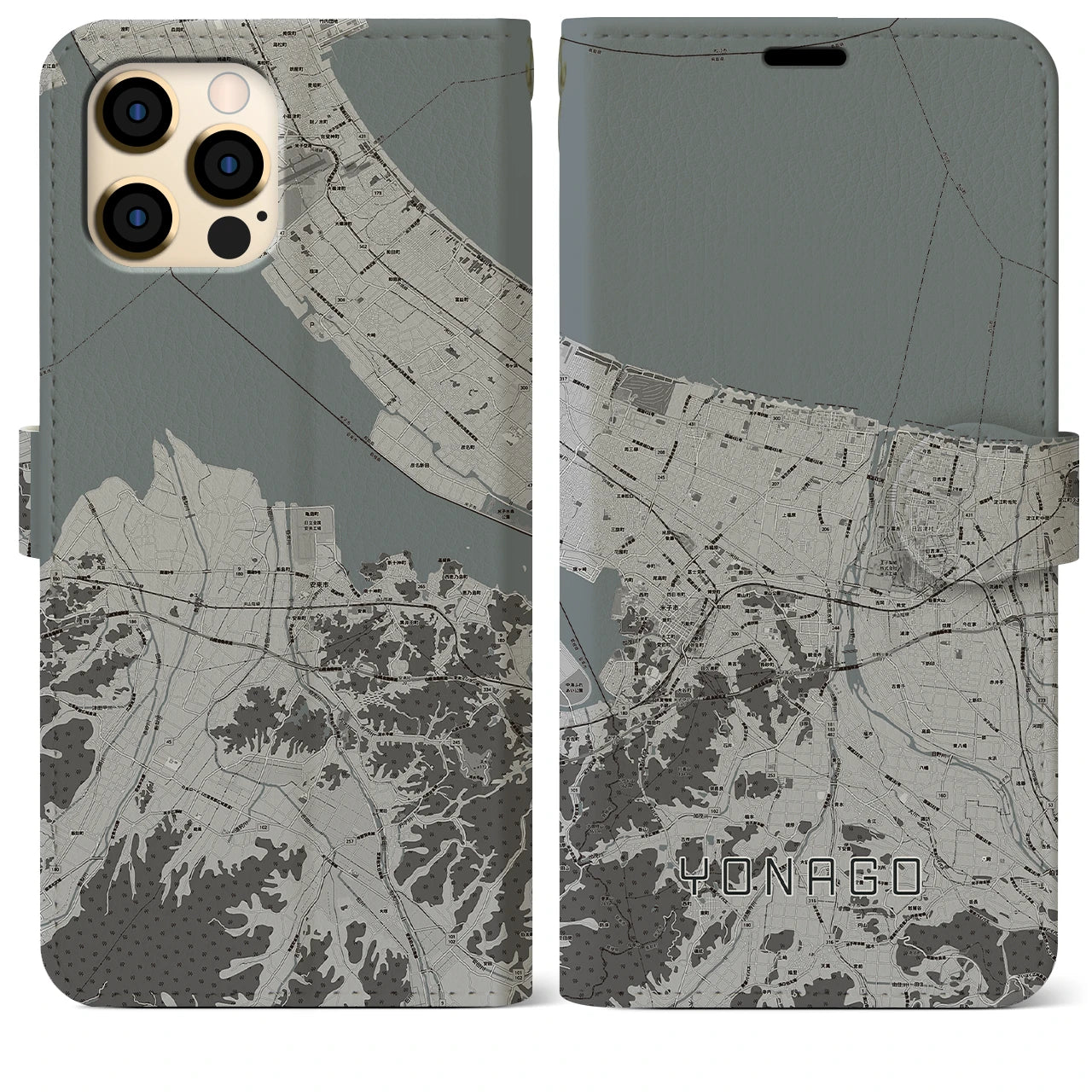 【米子】地図柄iPhoneケース（手帳両面タイプ・モノトーン）iPhone 12 Pro Max 用