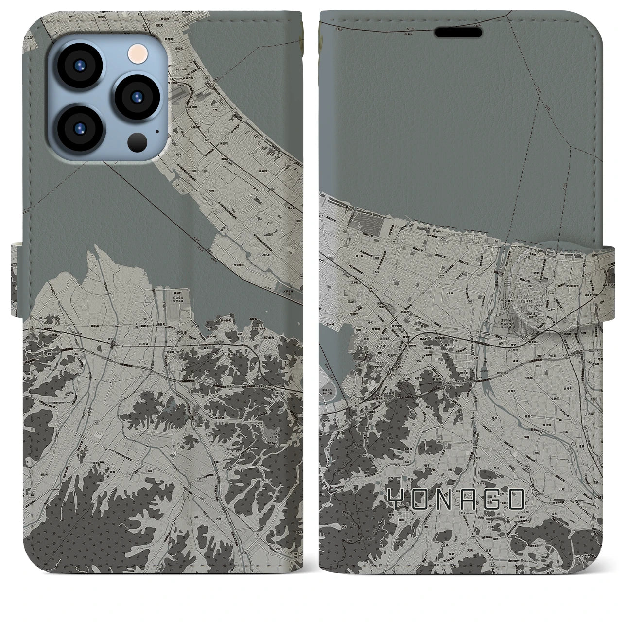 【米子】地図柄iPhoneケース（手帳両面タイプ・モノトーン）iPhone 13 Pro Max 用
