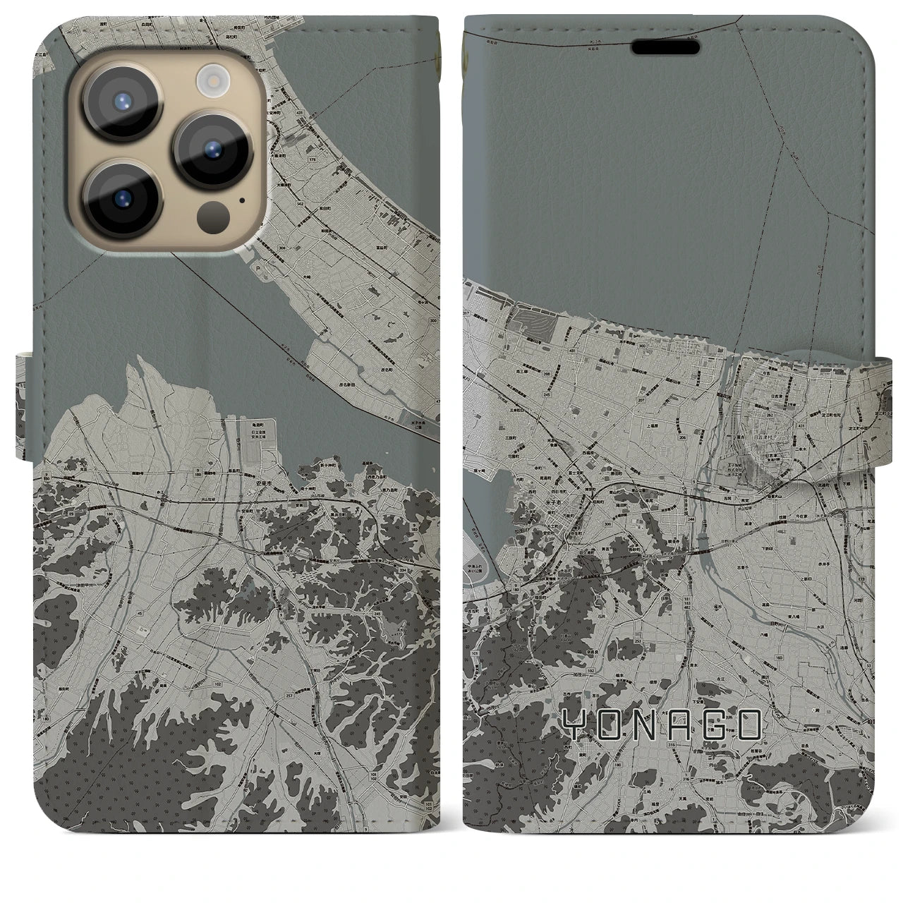 【米子】地図柄iPhoneケース（手帳両面タイプ・モノトーン）iPhone 14 Pro Max 用