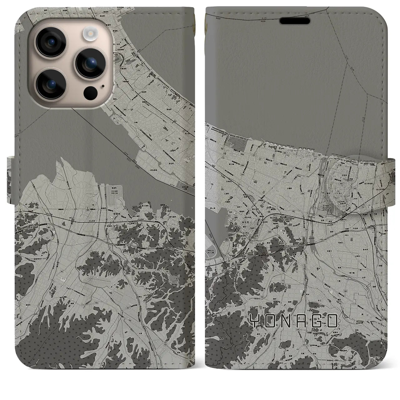 【米子（鳥取県）】地図柄iPhoneケース（手帳タイプ）モノトーン・iPhone 16 Plus 用