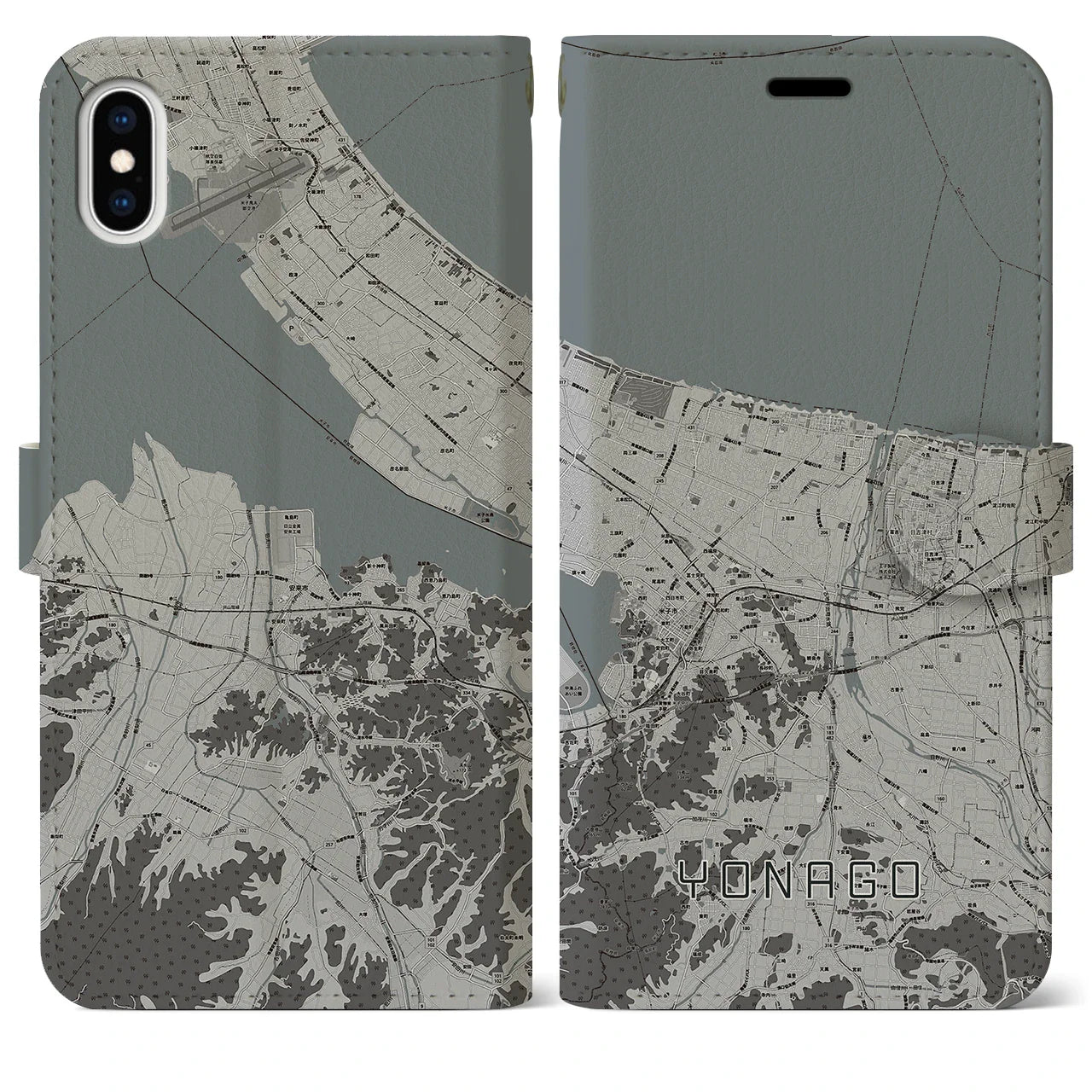 【米子（鳥取県）】地図柄iPhoneケース（手帳タイプ）モノトーン・iPhone XS Max 用