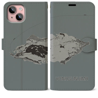 【与那国島（沖縄県）】地図柄iPhoneケース（手帳タイプ）モノトーン・iPhone 15 Plus 用