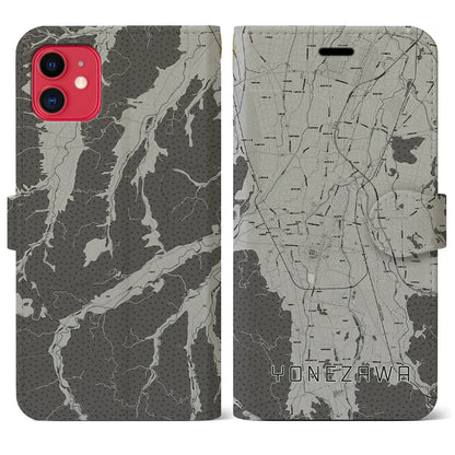 【米沢（山形県）】地図柄iPhoneケース（手帳タイプ）モノトーン・iPhone 11 用