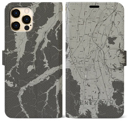 【米沢（山形県）】地図柄iPhoneケース（手帳タイプ）モノトーン・iPhone 12 Pro Max 用