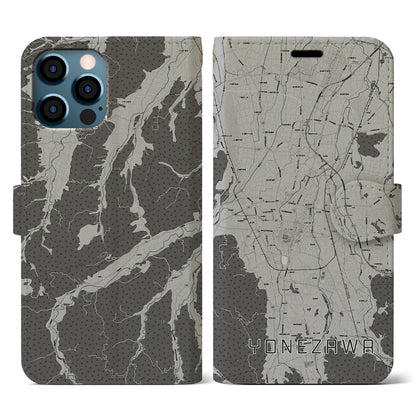 【米沢（山形県）】地図柄iPhoneケース（手帳タイプ）モノトーン・iPhone 12 / 12 Pro 用