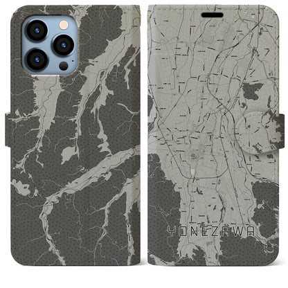 【米沢（山形県）】地図柄iPhoneケース（手帳タイプ）モノトーン・iPhone 13 Pro Max 用