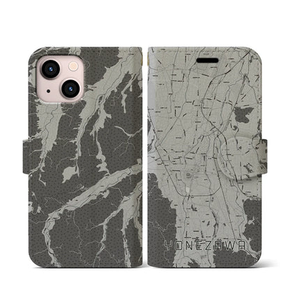 【米沢（山形県）】地図柄iPhoneケース（手帳タイプ）モノトーン・iPhone 13 mini 用