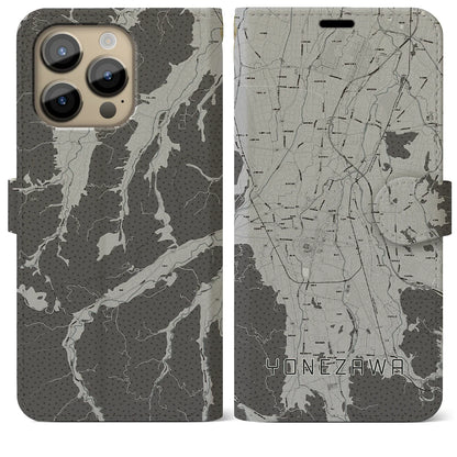 【米沢（山形県）】地図柄iPhoneケース（手帳タイプ）モノトーン・iPhone 14 Pro Max 用