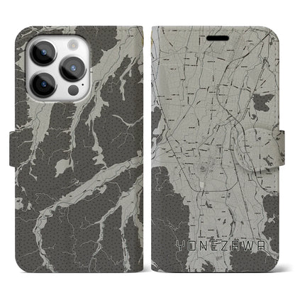 【米沢（山形県）】地図柄iPhoneケース（手帳タイプ）モノトーン・iPhone 14 Pro 用