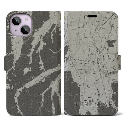 【米沢（山形県）】地図柄iPhoneケース（手帳タイプ）モノトーン・iPhone 14 用