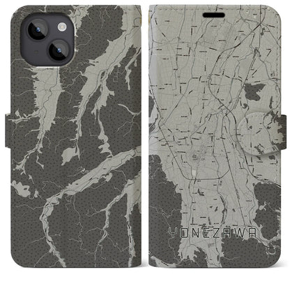 【米沢（山形県）】地図柄iPhoneケース（手帳タイプ）モノトーン・iPhone 14 Plus 用