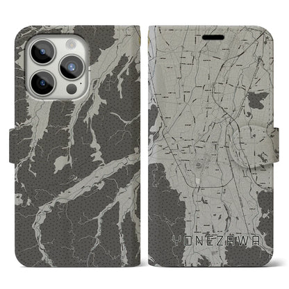 【米沢（山形県）】地図柄iPhoneケース（手帳タイプ）モノトーン・iPhone 15 Pro 用