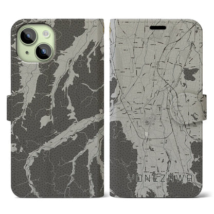 【米沢（山形県）】地図柄iPhoneケース（手帳タイプ）モノトーン・iPhone 15 用