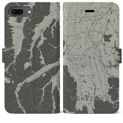 【米沢（山形県）】地図柄iPhoneケース（手帳タイプ）モノトーン・iPhone 8Plus /7Plus / 6sPlus / 6Plus 用
