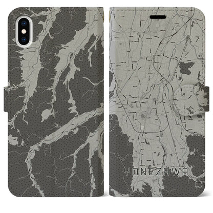 【米沢（山形県）】地図柄iPhoneケース（手帳タイプ）モノトーン・iPhone XS Max 用