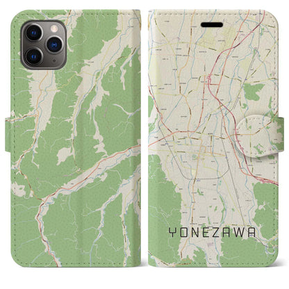 【米沢（山形県）】地図柄iPhoneケース（手帳タイプ）ナチュラル・iPhone 11 Pro Max 用