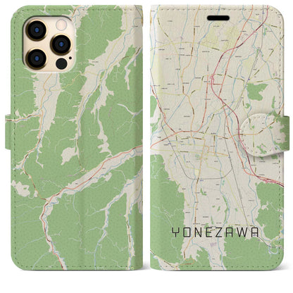 【米沢（山形県）】地図柄iPhoneケース（手帳タイプ）ナチュラル・iPhone 12 Pro Max 用