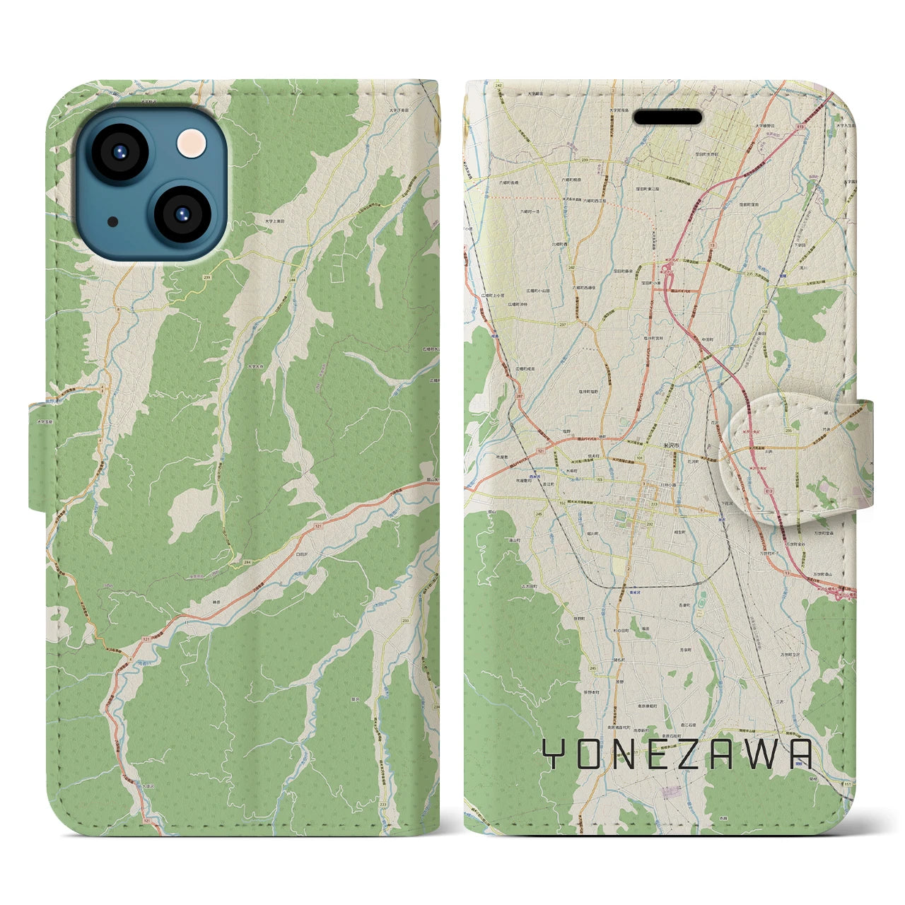 【米沢】地図柄iPhoneケース（手帳両面タイプ・ナチュラル）iPhone 13 Pro 用