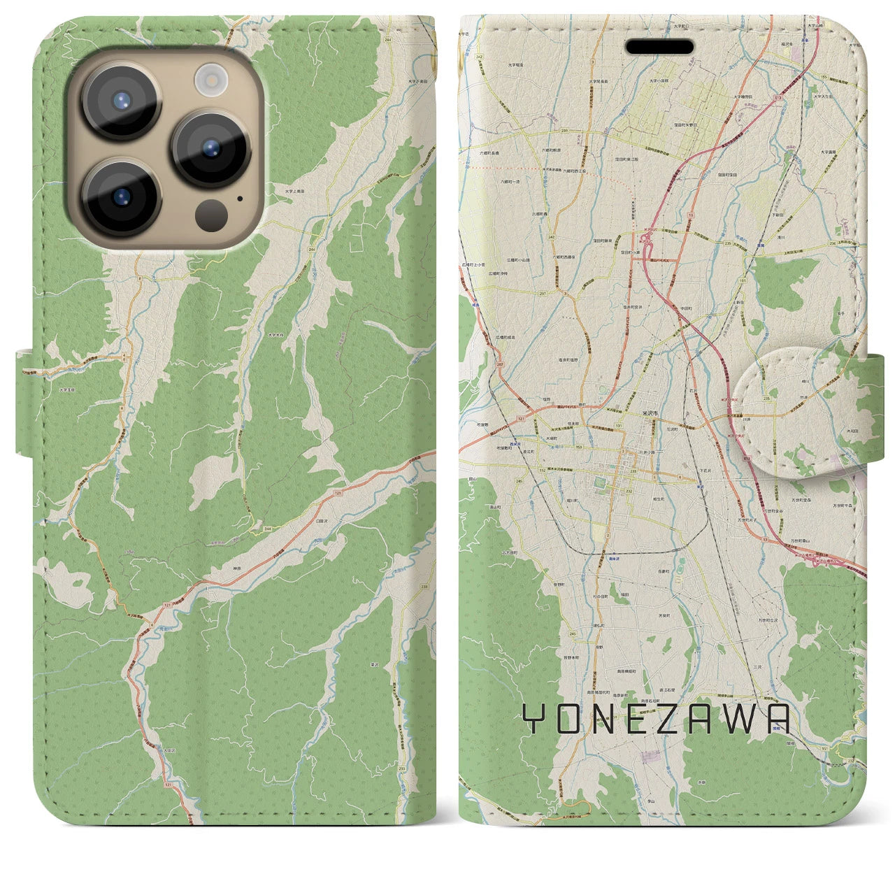 【米沢】地図柄iPhoneケース（手帳両面タイプ・ナチュラル）iPhone 14 Pro Max 用
