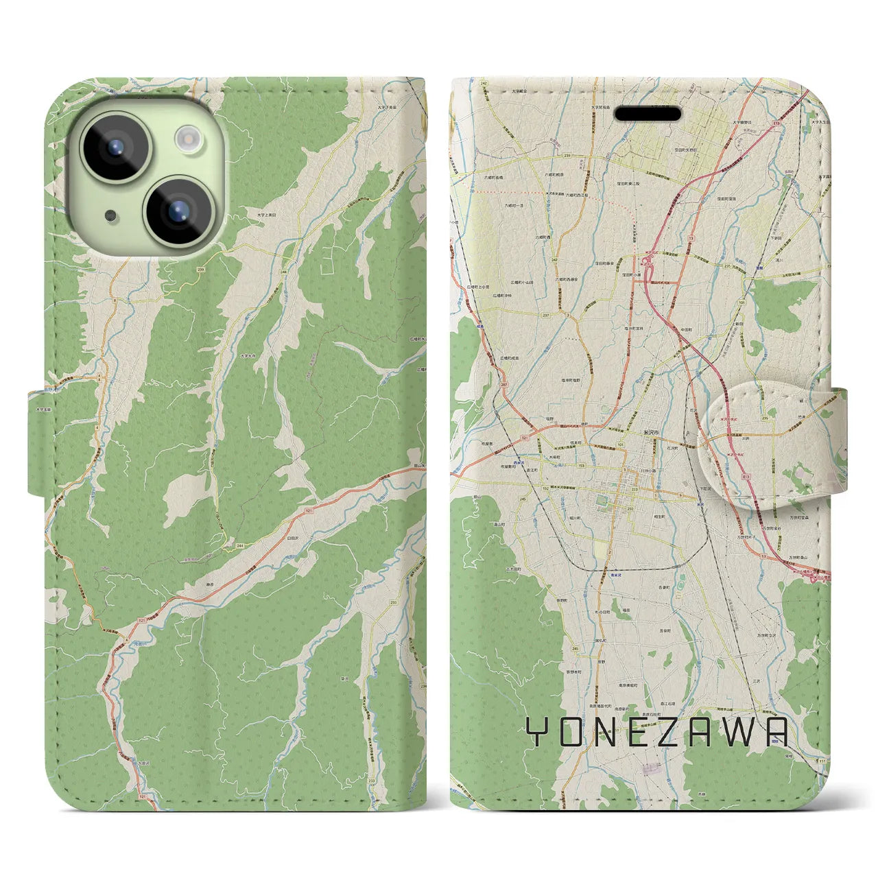 【米沢】地図柄iPhoneケース（手帳両面タイプ・ナチュラル）iPhone 15 用