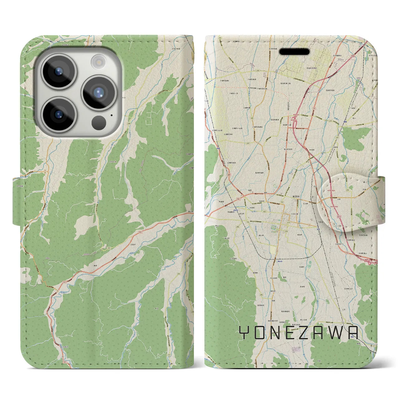 【米沢】地図柄iPhoneケース（手帳両面タイプ・ナチュラル）iPhone 15 Pro 用