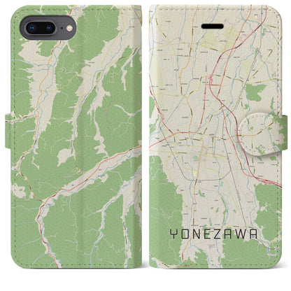 【米沢（山形県）】地図柄iPhoneケース（手帳タイプ）ナチュラル・iPhone 8Plus /7Plus / 6sPlus / 6Plus 用