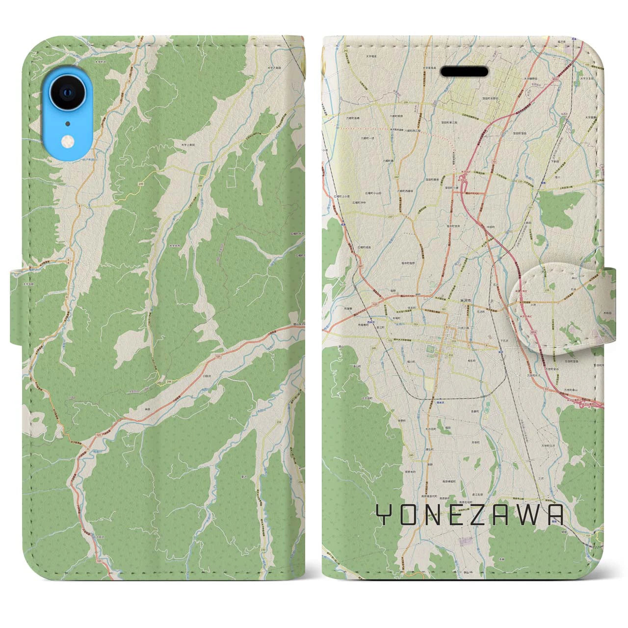【米沢】地図柄iPhoneケース（手帳両面タイプ・ナチュラル）iPhone XR 用